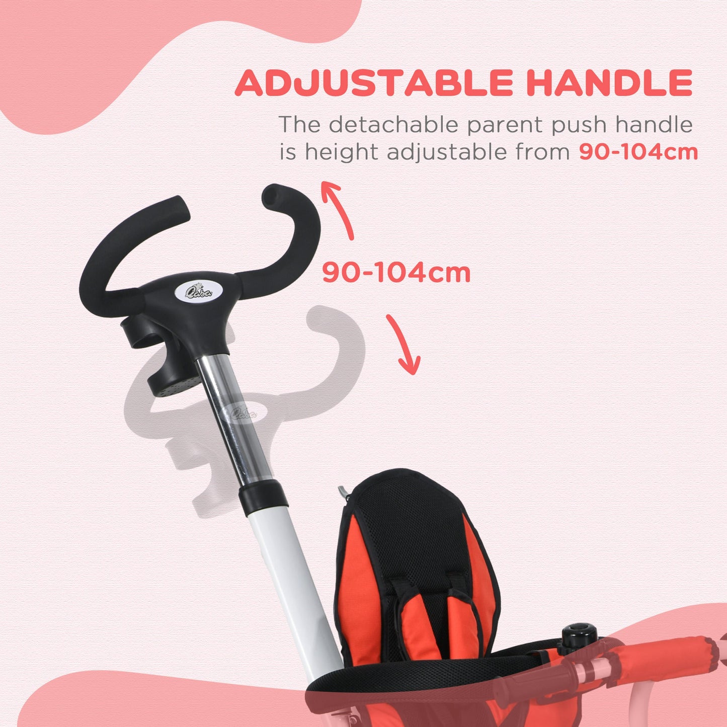 Metal Frame 4 in 1 Baby Push Tricycle with Parent Handle for 1-5 Years Old, Red | HOMCOM-5