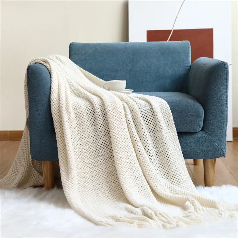 Textile City Nordic Knitted Throw Blanket Shawl Sofa Blanket Soild with Tassels Sofa Scarf Emulation Fleece Bedspread Decor