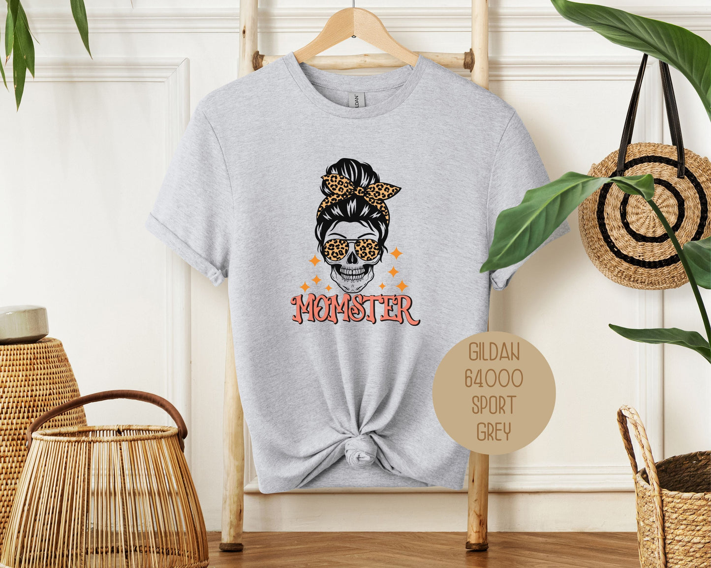 Momster Skeleton Leopard Messy Bun Halloween Shirt-4