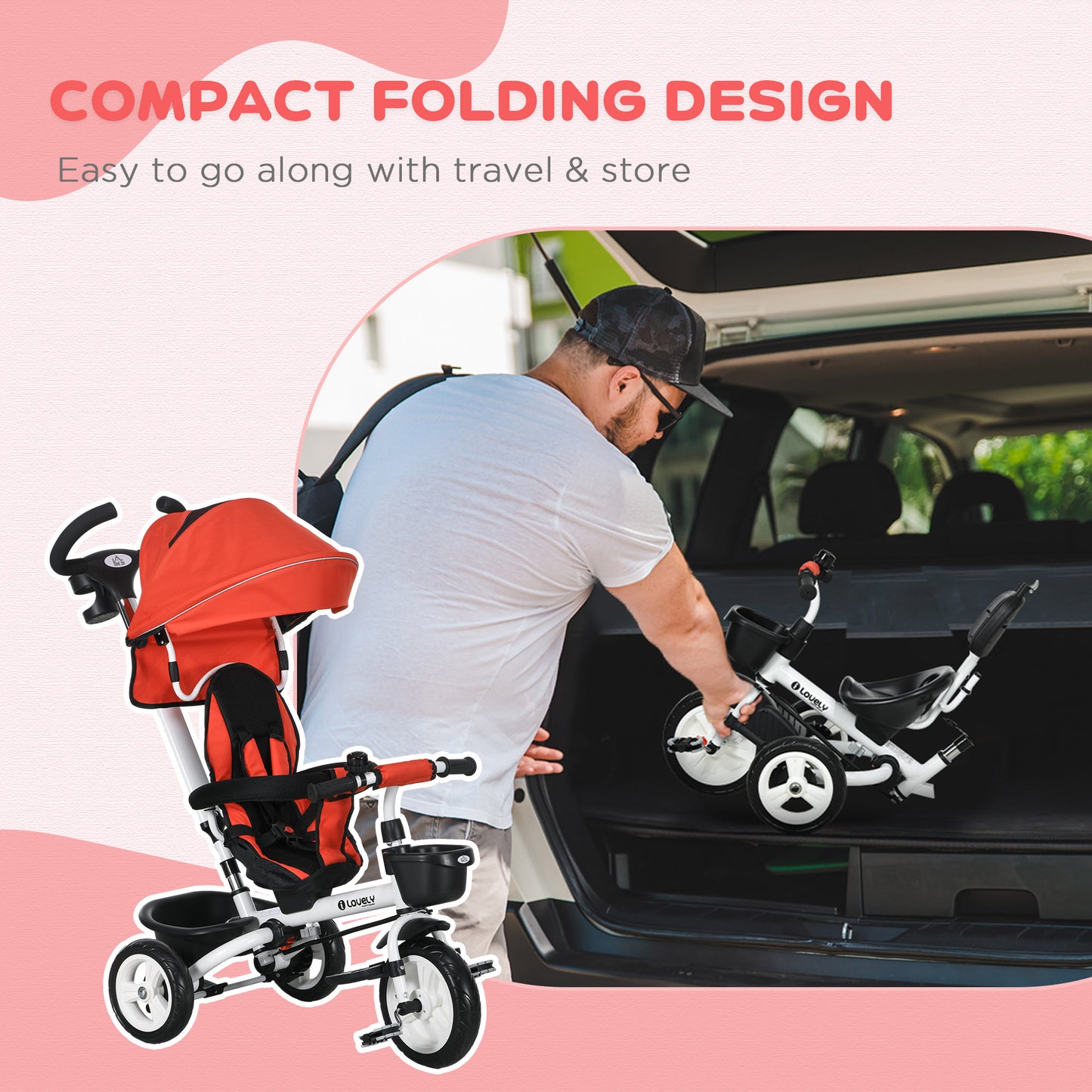 Metal Frame 4 in 1 Baby Push Tricycle with Parent Handle for 1-5 Years Old, Red | HOMCOM-3