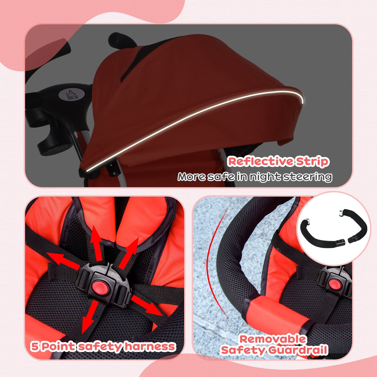 Metal Frame 4 in 1 Baby Push Tricycle with Parent Handle for 1-5 Years Old, Red | HOMCOM-6