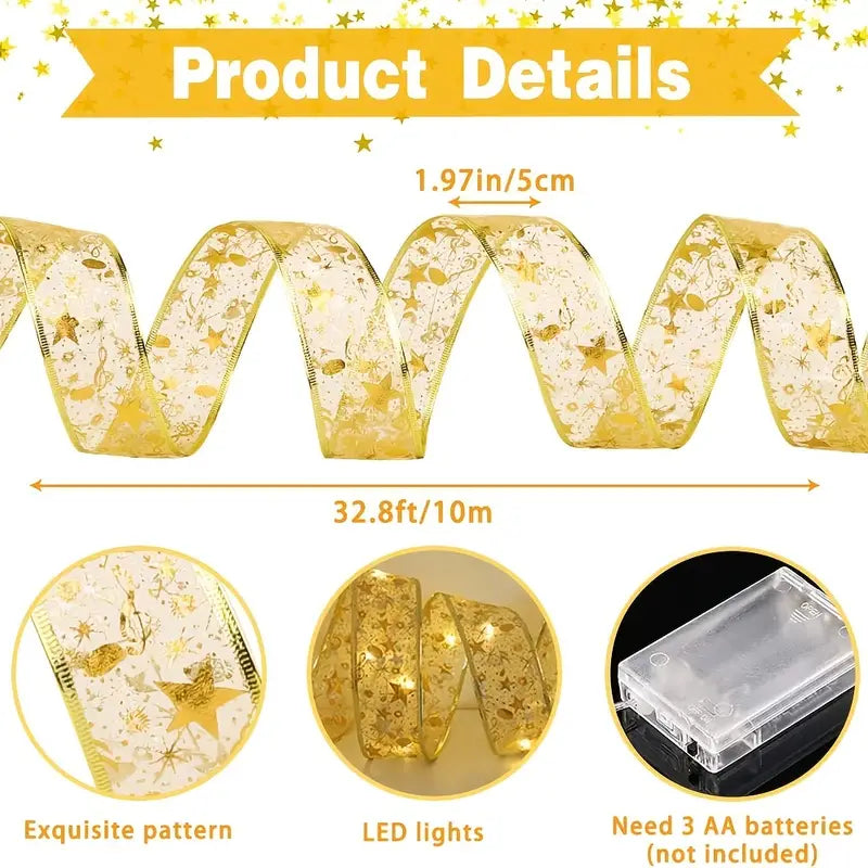 NNETM Christmas Ribbon Fairy Lights - Golden Garland-3