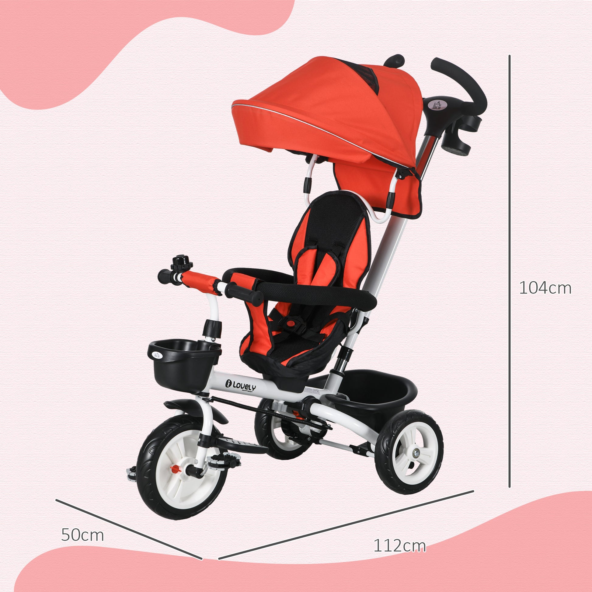 Metal Frame 4 in 1 Baby Push Tricycle with Parent Handle for 1-5 Years Old, Red | HOMCOM-1