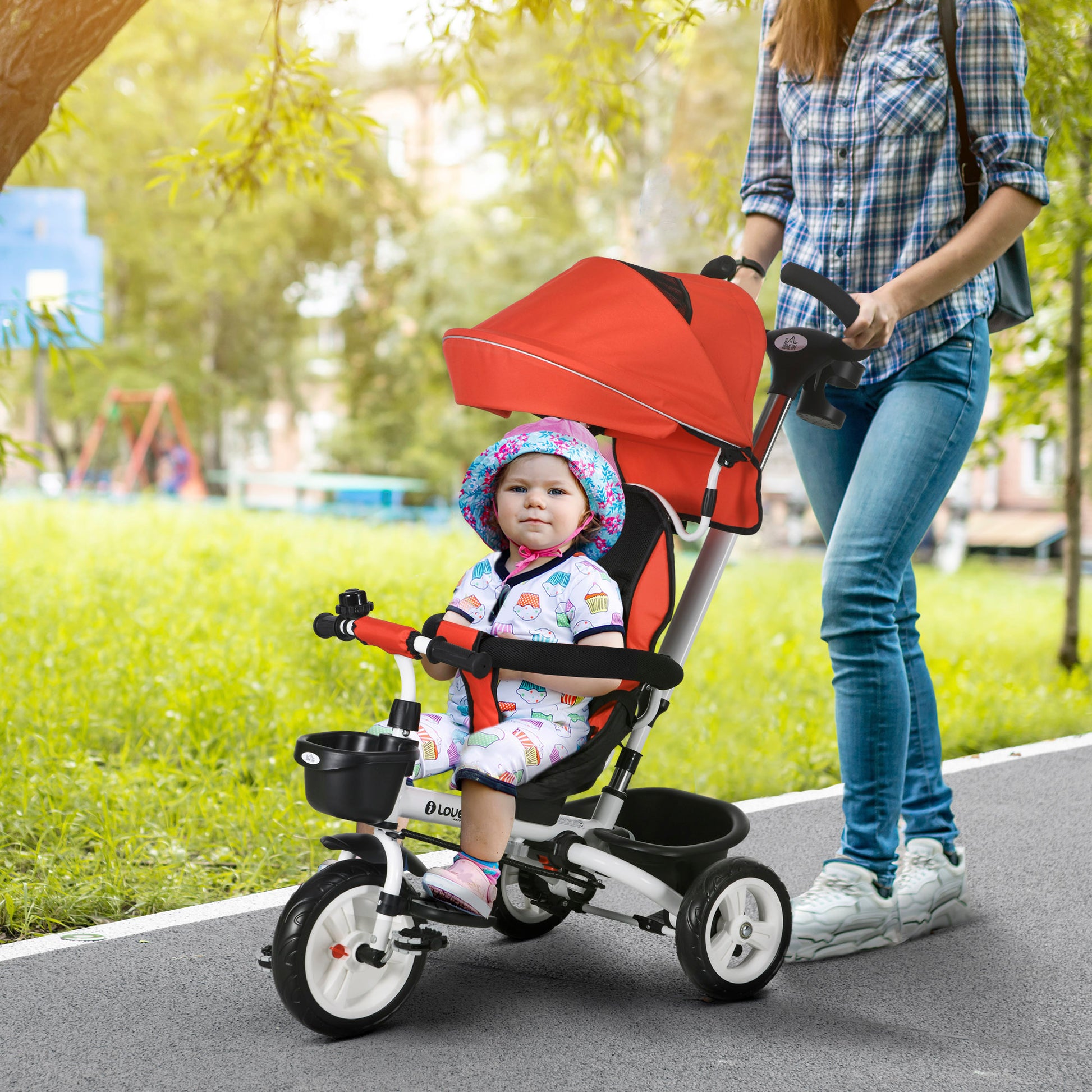 Metal Frame 4 in 1 Baby Push Tricycle with Parent Handle for 1-5 Years Old, Red | HOMCOM-8