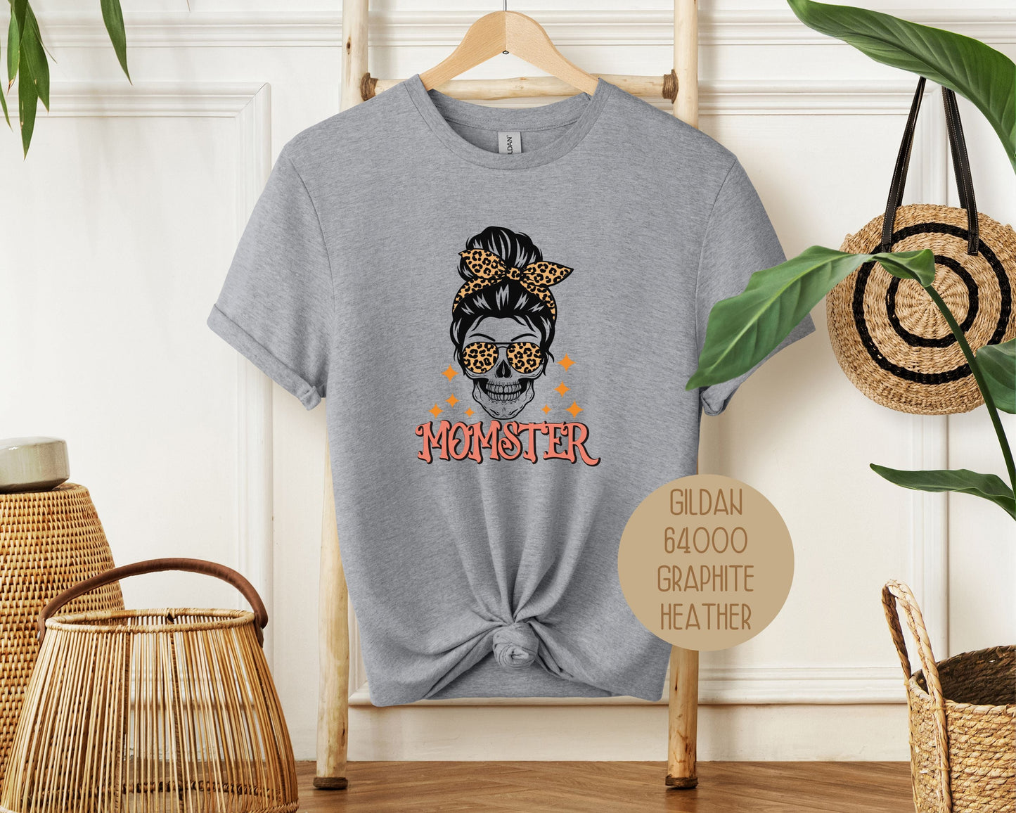 Momster Skeleton Leopard Messy Bun Halloween Shirt-0