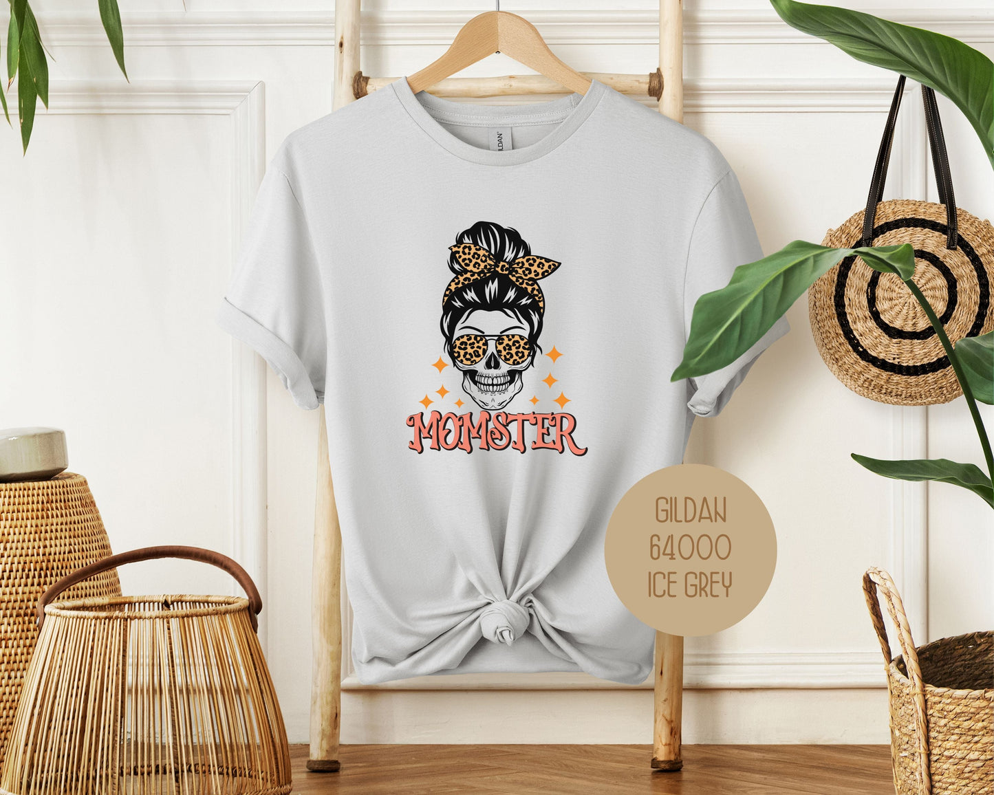Momster Skeleton Leopard Messy Bun Halloween Shirt-2