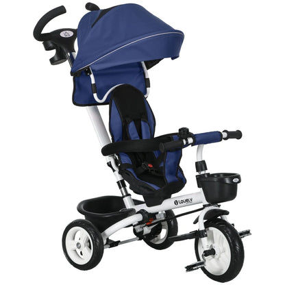 Metal Frame 4 in 1 Baby Push Tricycle with Parent Handle for 1-5 Years Old in Dark Blue | HOMCOM-0