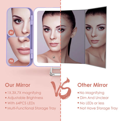 SEJOY Makeup Mirror with Lights, 1X 3X 7X Magnifying Mirror, Touch Control, Trifold Makeup Mirror, Portable LED Makeup Mirror