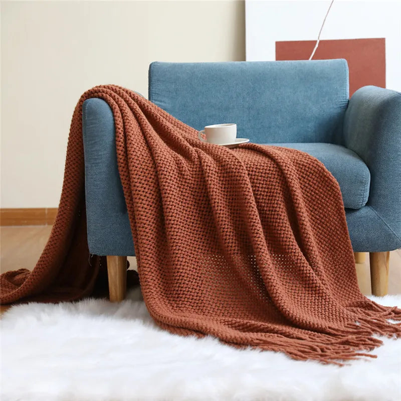 Textile City Nordic Knitted Throw Blanket Shawl Sofa Blanket Soild with Tassels Sofa Scarf Emulation Fleece Bedspread Decor
