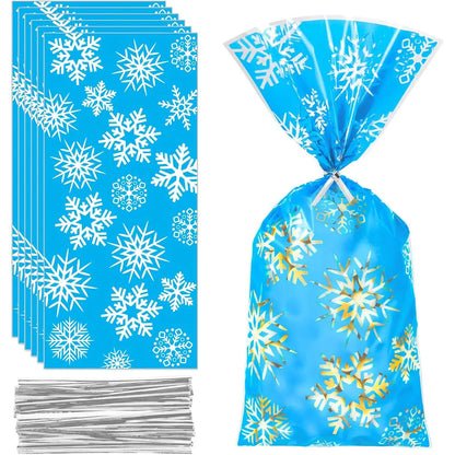 10/20/30/40/50/100pcs Christmas Cellophane Bags Snowflake Treat Bag Winter Goodie Bag Blue Plastic Snowflake Bag with Twist Ties