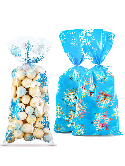 10/20/30/40/50/100pcs Christmas Cellophane Bags Snowflake Treat Bag Winter Goodie Bag Blue Plastic Snowflake Bag with Twist Ties