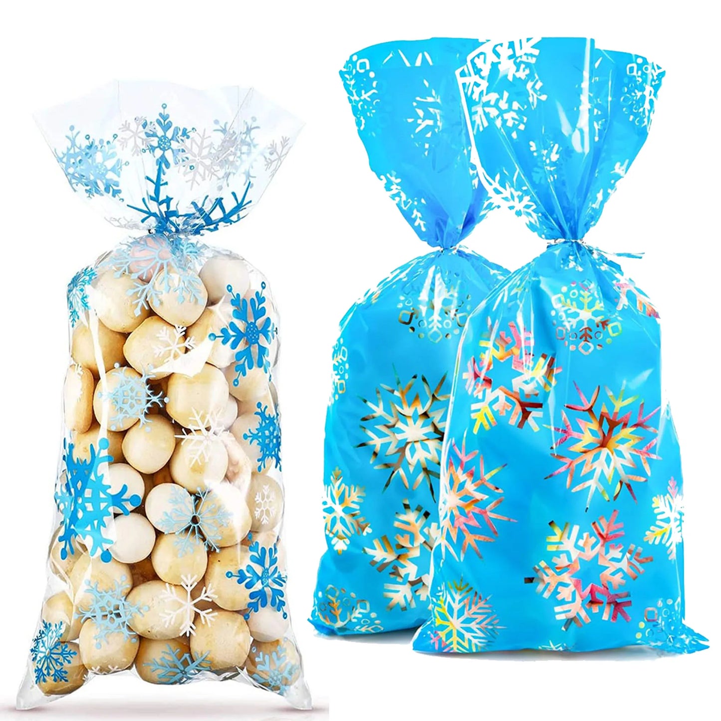 10/20/30/40/50/100pcs Christmas Cellophane Bags Snowflake Treat Bag Winter Goodie Bag Blue Plastic Snowflake Bag with Twist Ties