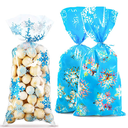 10/20/30/40/50/100pcs Christmas Cellophane Bags Snowflake Treat Bag Winter Goodie Bag Blue Plastic Snowflake Bag with Twist Ties
