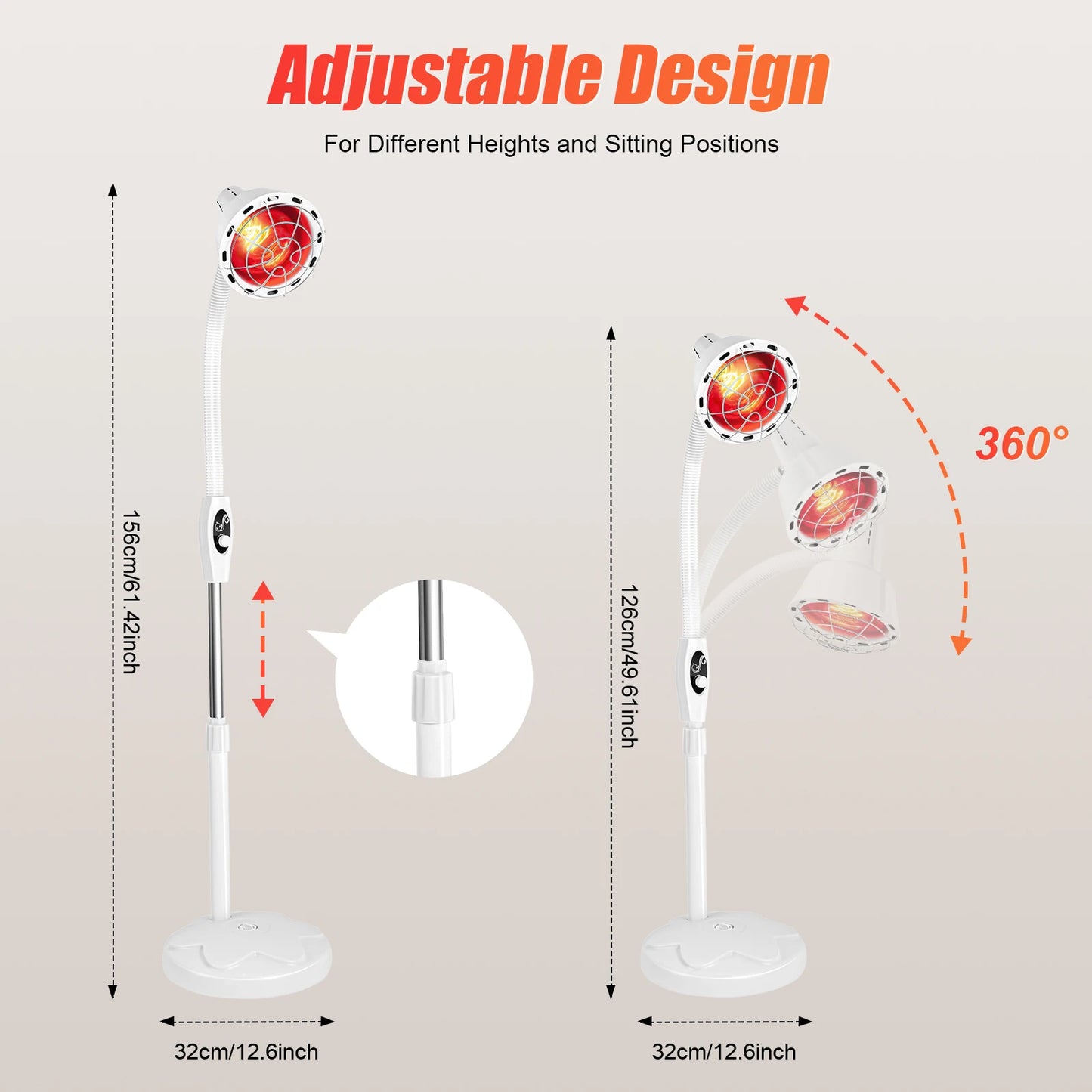 275W Adjustable Infrared Heat Lamp for Muscle&Joint Pain Relief, 360° Rotatable Infrared Therapeutic Light, 0-115℃ Temp Control