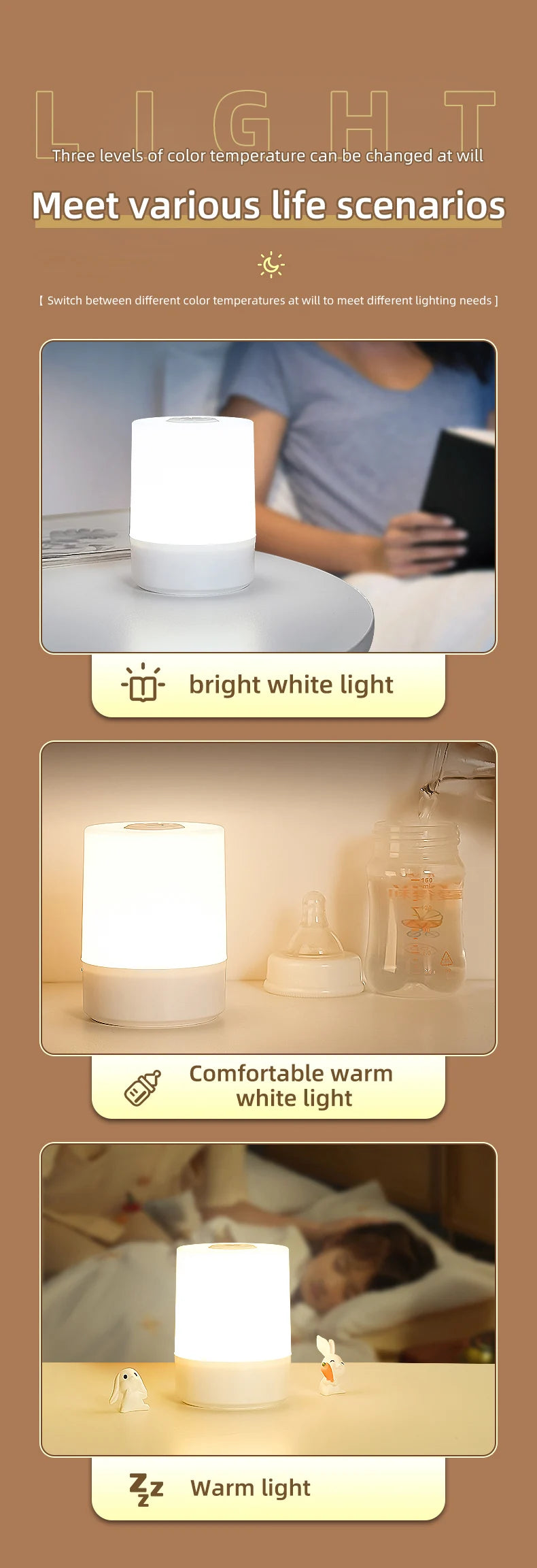 Night Lamp USB LED Table With Switch Rechargeable Three Colors Lights For Kitchen Hallway Closet Bedroom Home Touch Night Light