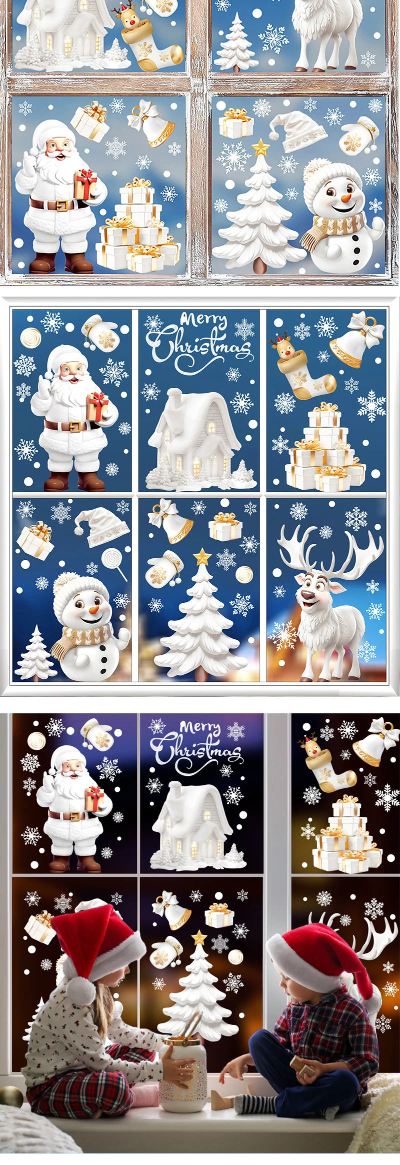 Christmas Window Clings Set Santa Cabin Reindeer Snowman Snowflake Gifts Holiday Static Stickers Mall Balcony Shop Decoration