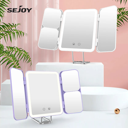 SEJOY Makeup Mirror with Lights, 1X 3X 7X Magnifying Mirror, Touch Control, Trifold Makeup Mirror, Portable LED Makeup Mirror