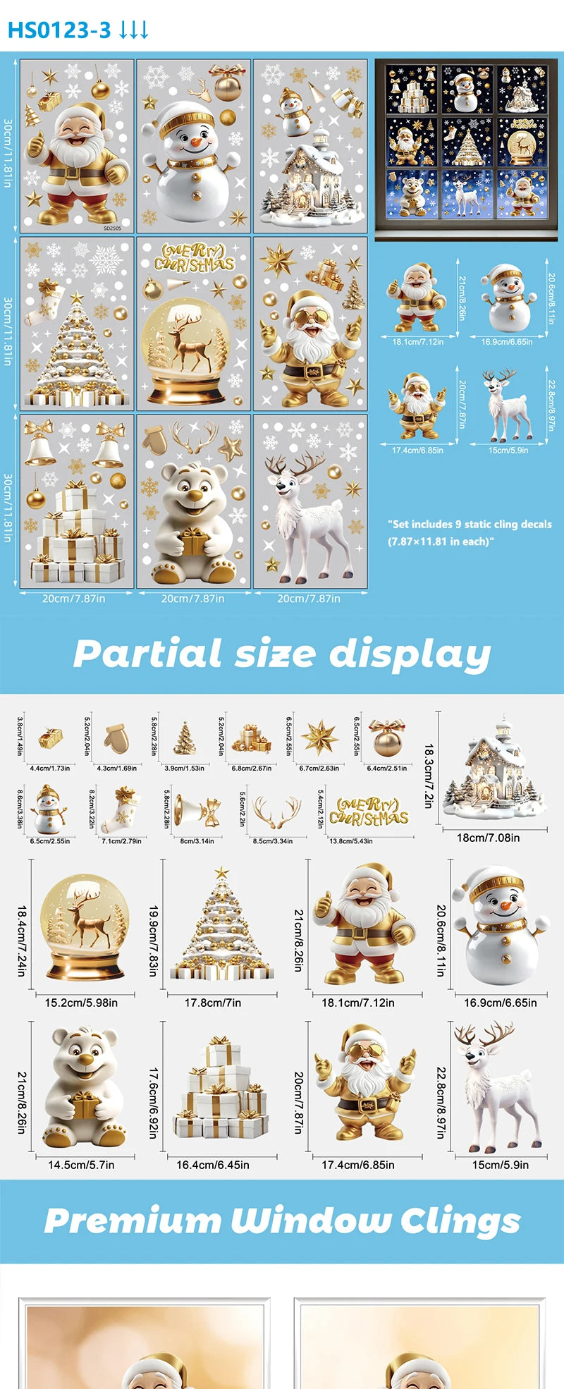 Christmas Window Clings Set Santa Cabin Reindeer Snowman Snowflake Gifts Holiday Static Stickers Mall Balcony Shop Decoration