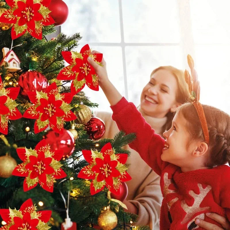 50/10x Large Artificial Sparking Glitter Christmas Flowers DIY Xmas Tree Floral Ornaments Red Poinsettia Flower for Party Decora