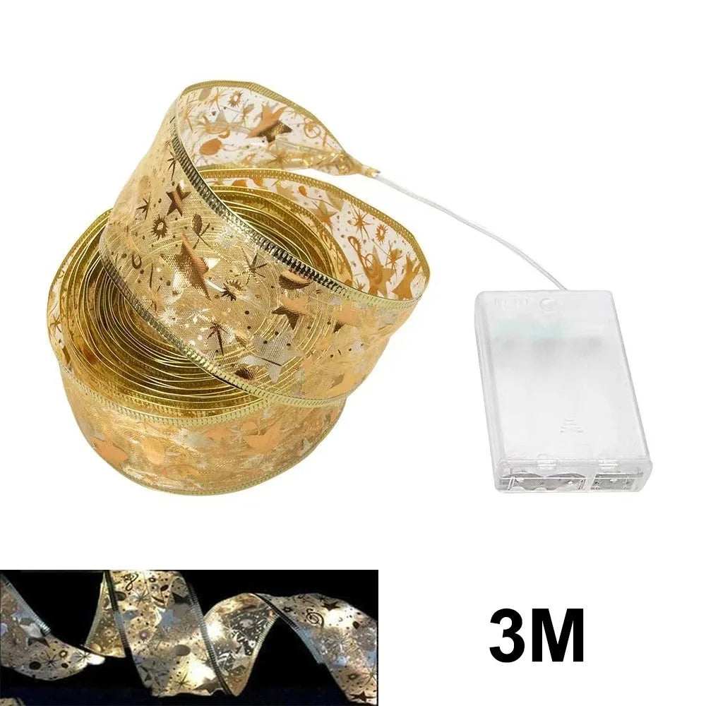 Christmas Ribbon Fairy Light Christmas Decoration For Home 2025 DIY Bows String Light Tree Ornaments Xmas Decor New Year 2026