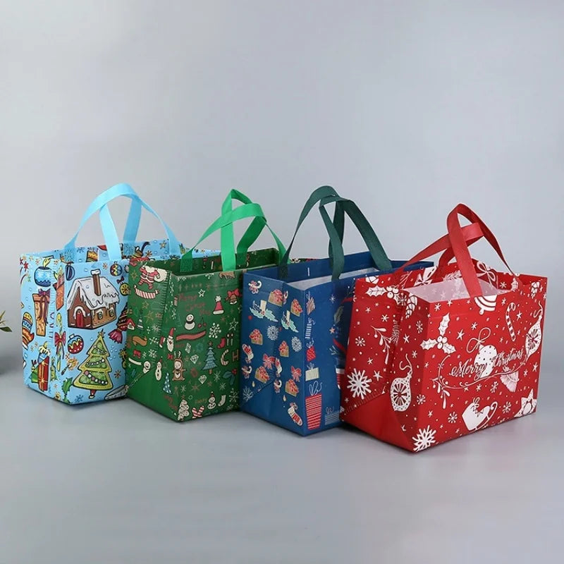 10PC New in Christmas Gift Bags Cartoon Cute Print Santa Elk Snowman Printing Non Woven Foldable Storage Handbag Party Supplies