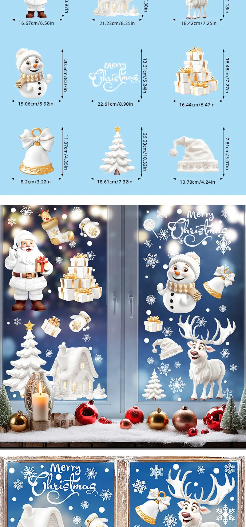 Christmas Window Clings Set Santa Cabin Reindeer Snowman Snowflake Gifts Holiday Static Stickers Mall Balcony Shop Decoration