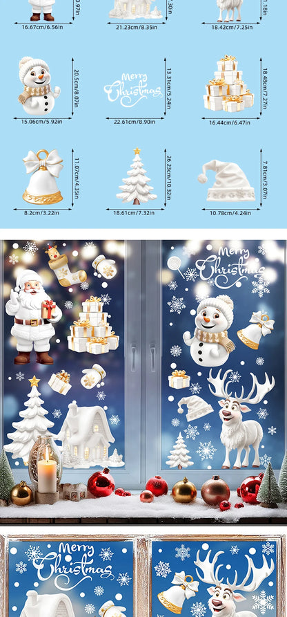 Christmas Window Clings Set Santa Cabin Reindeer Snowman Snowflake Gifts Holiday Static Stickers Mall Balcony Shop Decoration