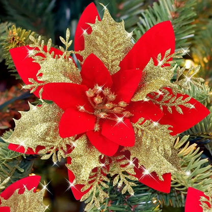 50/10x Large Artificial Sparking Glitter Christmas Flowers DIY Xmas Tree Floral Ornaments Red Poinsettia Flower for Party Decora