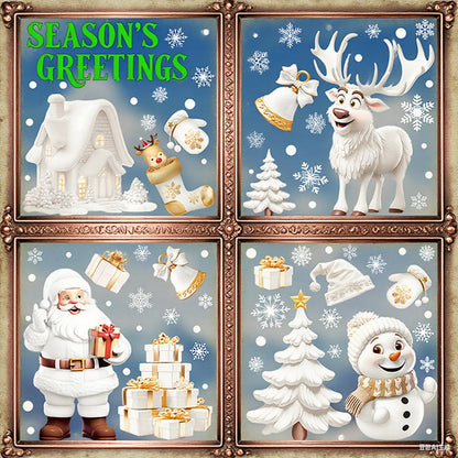Christmas Window Clings Set Santa Cabin Reindeer Snowman Snowflake Gifts Holiday Static Stickers Mall Balcony Shop Decoration