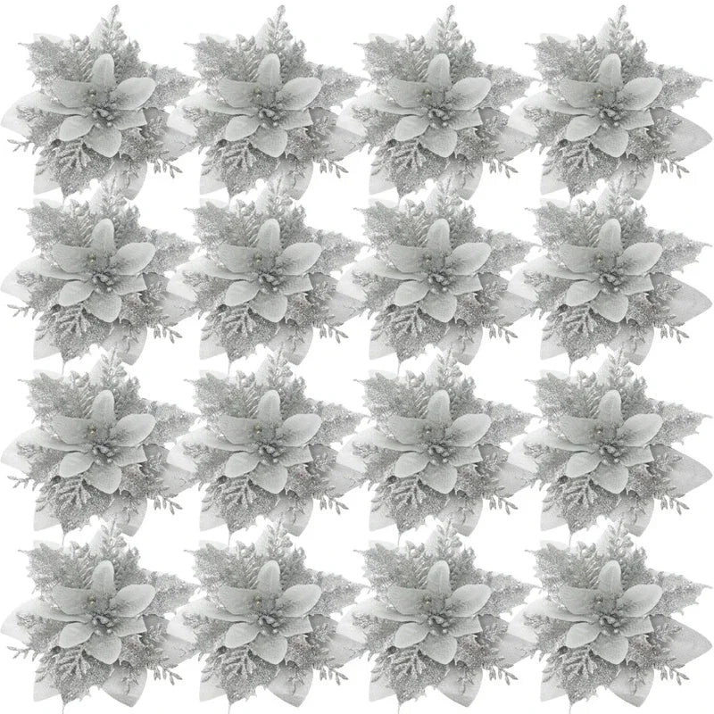 50/10x Large Artificial Sparking Glitter Christmas Flowers DIY Xmas Tree Floral Ornaments Red Poinsettia Flower for Party Decora