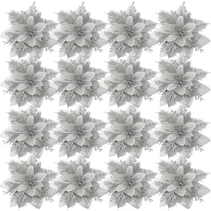 50/10x Large Artificial Sparking Glitter Christmas Flowers DIY Xmas Tree Floral Ornaments Red Poinsettia Flower for Party Decora