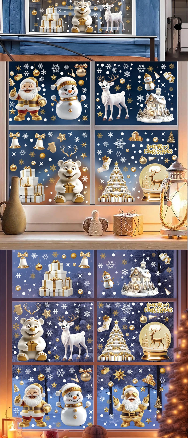 Christmas Window Clings Set Santa Cabin Reindeer Snowman Snowflake Gifts Holiday Static Stickers Mall Balcony Shop Decoration
