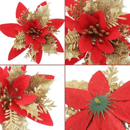 50/10x Large Artificial Sparking Glitter Christmas Flowers DIY Xmas Tree Floral Ornaments Red Poinsettia Flower for Party Decora