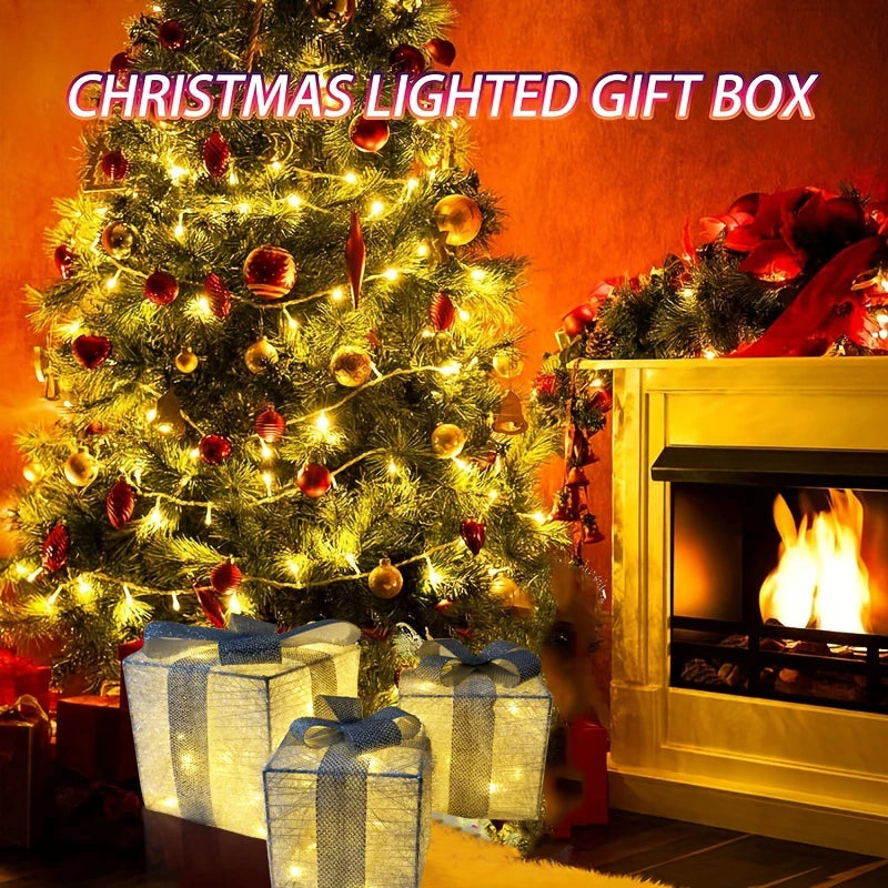 Set of 3 Christmas Lighted Gift Boxes,LED Light Up Present Box Decorations for Outdoor Indoor Christmas Tree, Yard, Home Decor
