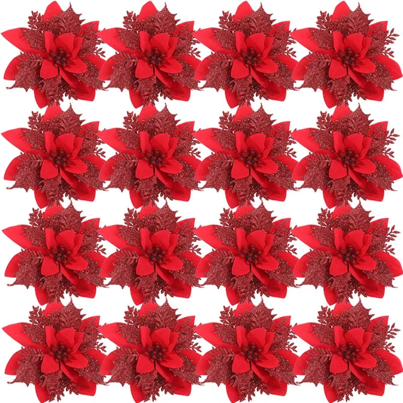 50/10x Large Artificial Sparking Glitter Christmas Flowers DIY Xmas Tree Floral Ornaments Red Poinsettia Flower for Party Decora