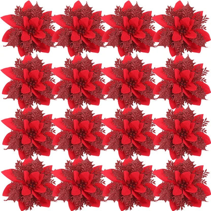 50/10x Large Artificial Sparking Glitter Christmas Flowers DIY Xmas Tree Floral Ornaments Red Poinsettia Flower for Party Decora