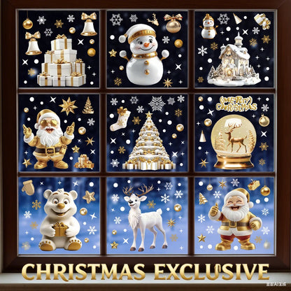Christmas Window Clings Set Santa Cabin Reindeer Snowman Snowflake Gifts Holiday Static Stickers Mall Balcony Shop Decoration