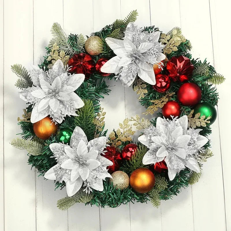 50/10x Large Artificial Sparking Glitter Christmas Flowers DIY Xmas Tree Floral Ornaments Red Poinsettia Flower for Party Decora