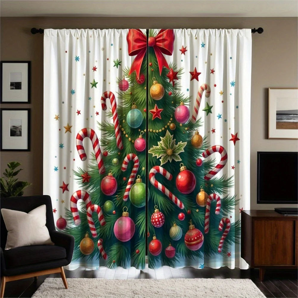 2pcs Festive Christmas Curtains - Red & White Striped with Golden & Silvery Balls, Rod Pocket Design, Semi-Transparent Polyester