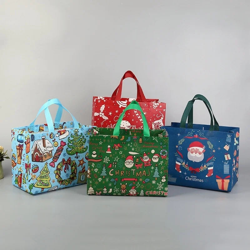 10PC New in Christmas Gift Bags Cartoon Cute Print Santa Elk Snowman Printing Non Woven Foldable Storage Handbag Party Supplies