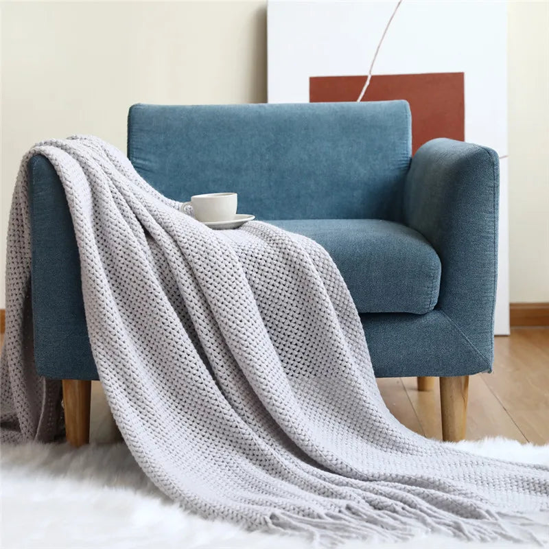 Textile City Nordic Knitted Throw Blanket Shawl Sofa Blanket Soild with Tassels Sofa Scarf Emulation Fleece Bedspread Decor