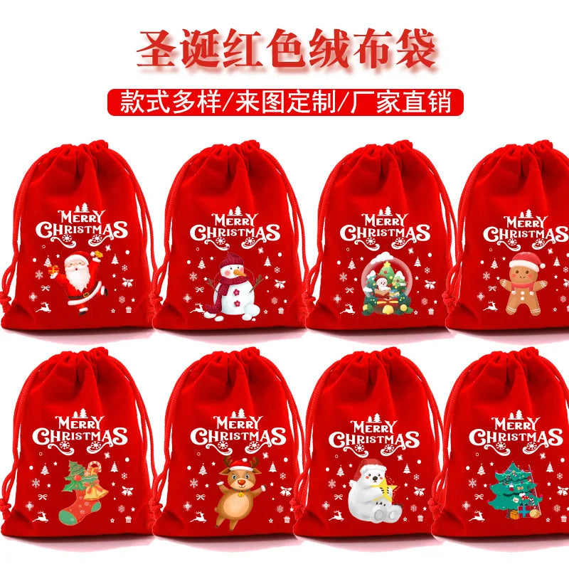 Christmas Velvet Bags 9x12cm 13x18cm Small Candy Gifts Bag Drawstring Pouch Xmas Decoration Favor Bracelet Jewelry Packaging Bag