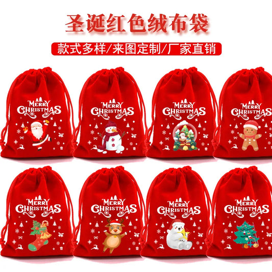 Christmas Velvet Bags 9x12cm 13x18cm Small Candy Gifts Bag Drawstring Pouch Xmas Decoration Favor Bracelet Jewelry Packaging Bag