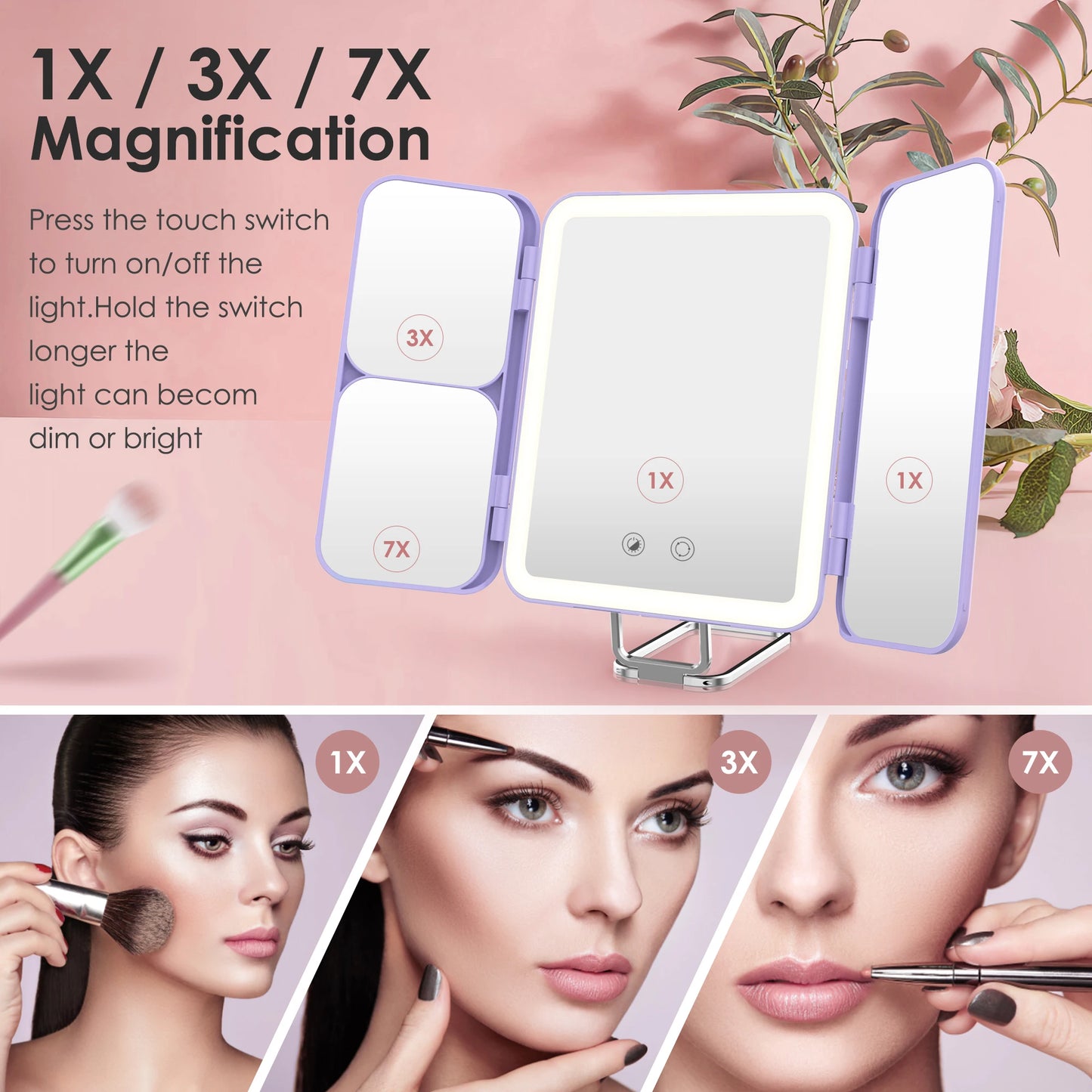 SEJOY Makeup Mirror with Lights, 1X 3X 7X Magnifying Mirror, Touch Control, Trifold Makeup Mirror, Portable LED Makeup Mirror