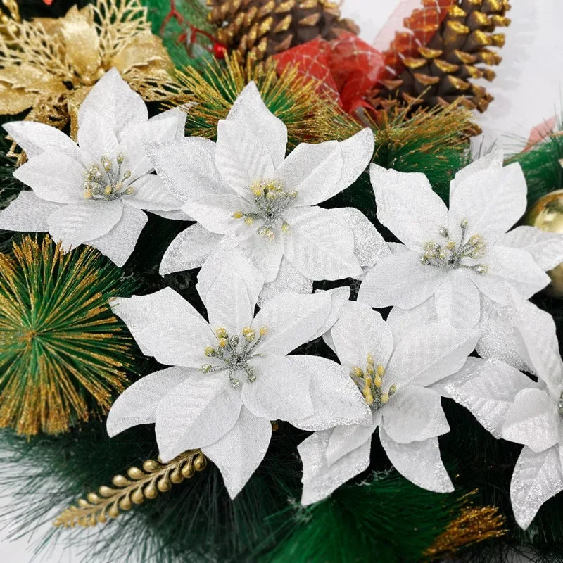 50/10x Large Artificial Sparking Glitter Christmas Flowers DIY Xmas Tree Floral Ornaments Red Poinsettia Flower for Party Decora