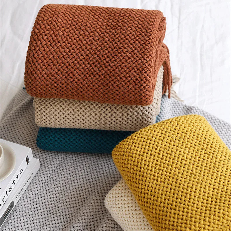 Textile City Nordic Knitted Throw Blanket Shawl Sofa Blanket Soild with Tassels Sofa Scarf Emulation Fleece Bedspread Decor