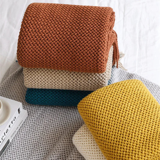 Textile City Nordic Knitted Throw Blanket Shawl Sofa Blanket Soild with Tassels Sofa Scarf Emulation Fleece Bedspread Decor