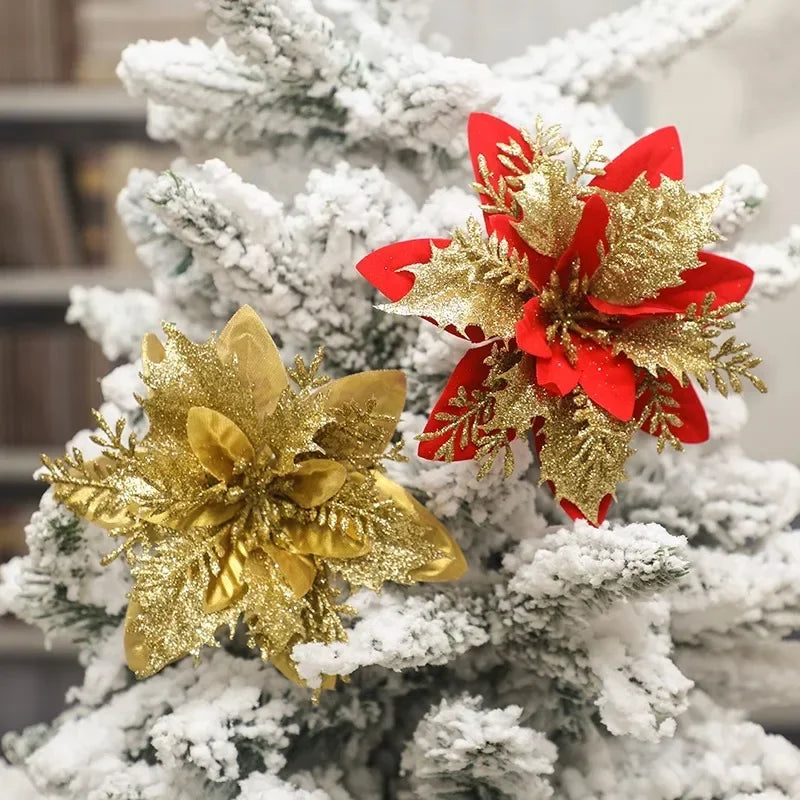 50/10x Large Artificial Sparking Glitter Christmas Flowers DIY Xmas Tree Floral Ornaments Red Poinsettia Flower for Party Decora