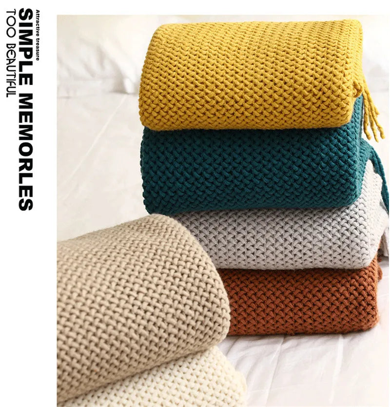 Textile City Nordic Knitted Throw Blanket Shawl Sofa Blanket Soild with Tassels Sofa Scarf Emulation Fleece Bedspread Decor