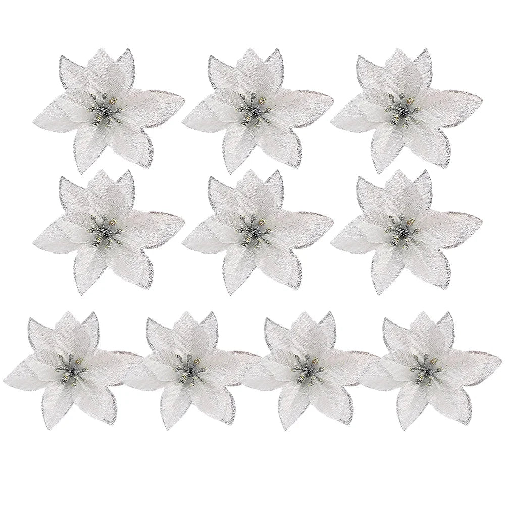 50/10x Large Artificial Sparking Glitter Christmas Flowers DIY Xmas Tree Floral Ornaments Red Poinsettia Flower for Party Decora